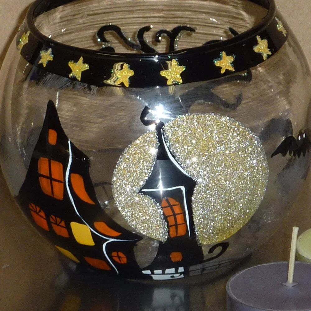 Set of Large Halloween Glass Votive Candle Holders Pumpkin Spider Haunted House